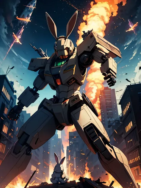 anime、High image quality、 high resolution on down、(((Giant rabbit robot )))、 destroying the city 、 3 fighter jets are attacking the rabbit robot、Explosive Flame、blast、Collapsing building 、