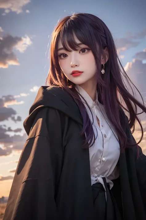 Ultra-detailed、Hanfu Chinese female celebrity wearing a tight white blouse and long black cloak, long silky purple hair, silver hair ornament, perfect swept bangs, looking at a distance in the sunset in the background, attractive beauty、long black eyelashe...