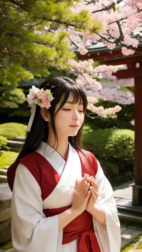 A mystical, spiritual scene featuring a woman with her eyes closed, hands together in gratitude, surrounded by nature with bright trees and flowers. Soft light filters through in a Japanese-style setting, and the woman is dressed as a shrine maiden (miko).