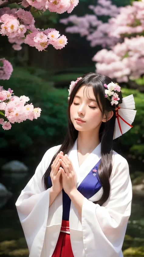 A mystical, spiritual scene featuring a woman with her eyes closed, hands together in gratitude, surrounded by nature with bright trees and flowers. Soft light filters through in a Japanese-style setting, and the woman is dressed as a shrine maiden (miko).