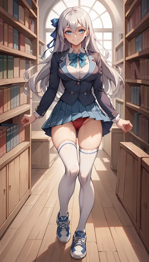 ultra-detailed, 1girl, alisa mikhailovna kujou, tooki bosotto roshia-go de dereru tonari no arya-san, ((masterpiece)), (best quality), (highres), 16K, blue eyes, silver hair, hair between eyes, hair ribbon, long hair, school uniform, black miniskirt, white...