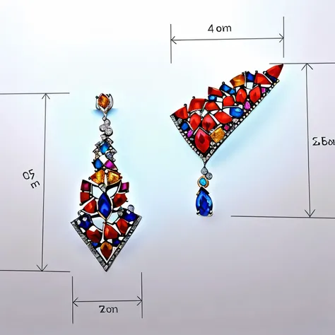  A pair of colored stones and diamond earrings,  Jewelry Design ,  Earrings Design ,  Sketch inspired by Katsuras ,  Van Yapol  &  Jabbo Style , author： Matsumoto Sun ,  Top view and side view ,  Sapphire Earrings , Full Color Drawing , author： Robert Zond...