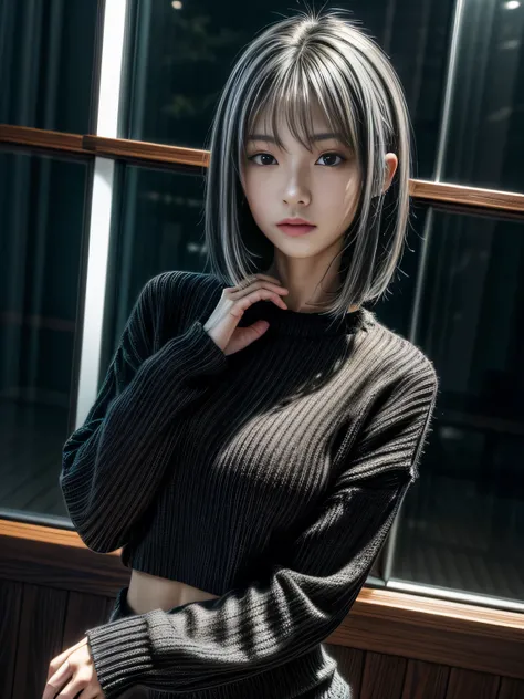 masterpiece, best quality, ultra high res, ultra detailed, sharp focus, 8k, Beautiful and fine details, a stunning pretty and beautiful Japanese sexy model, 19yo, knit, Black Sweater, Night, realistic, slender, standing, upper body shot, ((short hair, silv...