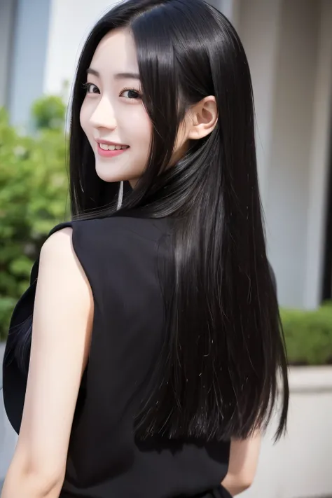 27 year old Chinese woman。Black Hair。Long Hair。profile。 and smiles 。Looking back and looking straight ahead。