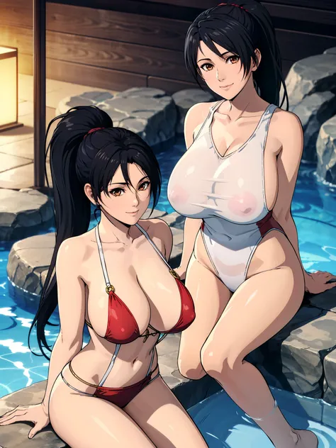 Swimming on water, sitting on floor filling by water, red-white swimming outfit, at onsen indoor, momiji, anime cels style, best quality, high resolution, 1girl, (huge breasts:1.2), beautiful face, black hair, long hair, ponytail, brown eyes, cowboy shot, ...