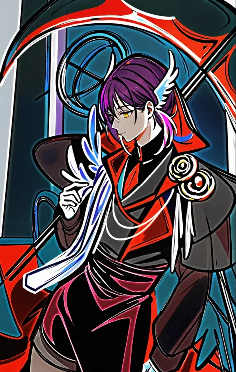 , inspired by sunday from the game honkai star rail,, a man with purple hair, pink highlights ,alone,Golden eyes,Angel mix envoy , Carrying Black Red Scythe ,Noble Style Dress ,Wearing a hood with a black red hood ,rose gold,Black wings, Delicate and exqui...