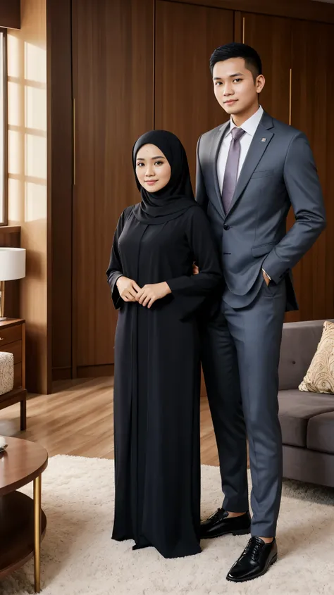 photo of a young Indonesian couple. full body, 32 year old husband with neat thin hair and a clean face wearing a suit, 30 year old wife wearing a hijab and abaya, detailed face, detailed clothes, living room background, bright lighting, bright sunlight, d...