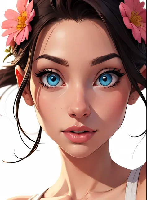 (cartoon style:1.2),  drawing of girl, perfect eyes, detailed face, flowers, white background, small breasts 