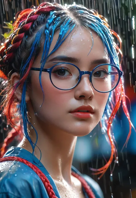 "  A full-body close-up f /1. 3 of a wide-angle lens , ((( The main scene is of a girl wearing square glasses with colored braided hair in red and blue ,  surrounded by rain , (( a light and well-defined rain ,  raindrops and captured in slow motion )).  I...