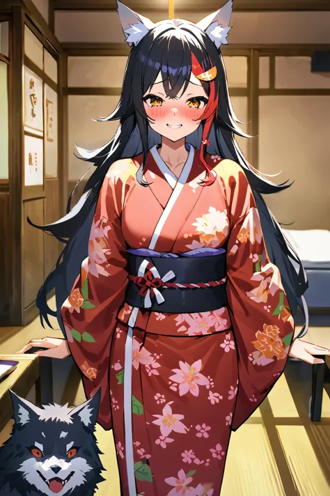 NSFW,masterpiece,Best Quality, high resolution on down, very detailed,Ogami Mio ( hololive ), very long hair,Black Hair,Wolf Ears,Hair accessories、kimono,yukata,hostel,Japanese-style room,table,Embarrassed,A face in love,Wisdom face,blush,smile,Play a pran...