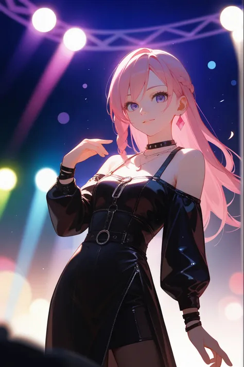 score_9, score_8_up, score_7_up, (masterpiece, UHD, 8K, 16K, ultra detailed), source_anime, sfw, front view, cowboy shot, 1girl, idol, dancer, stand straight, hand up, black leather sundress, short dress, off shoulder, long sleeves, leather stocking, long hair, (pink hair), one side braided, colorful stage background, stage light, (depth of field), bokeh, diffused light, dramatic ambient