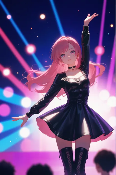 score_9, score_8_up, score_7_up, (masterpiece, UHD, 8K, 16K, ultra detailed), source_anime, sfw, front view, 1girl, idol, dancing pose, black leather sundress, short dress, long sleeves, leather stocking, long hair, (dark pink hair), colorful stage background, (depth of field), bokeh, diffused light, dramatic ambient