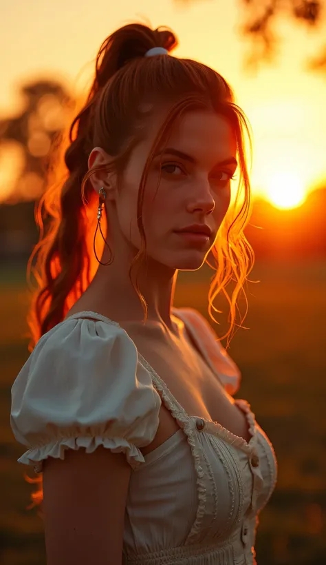 Intense sunset, Sony A7III, Kodak portra 400, dof 85mm, a beautiful redhead European woman, high ponytail hairstyle, onlyfans photo, at the park, wearing schoolgirl dress , (skin blemishes), realistic skin pores, weathered skin , (large breasts, cleavage:1...