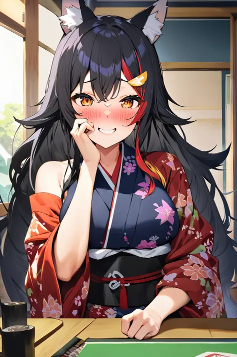 NSFW,masterpiece,Best Quality, high resolution on down, very detailed,Ogami Mio ( hololive ), very long hair,Black Hair,Wolf Ears,Hair accessories、kimono,yukata,Shoulder Bare,hostel,Japanese-style room,table,Embarrassed,A face in love,Wisdom face,blush,smi...