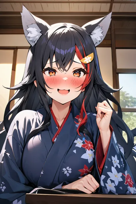 NSFW,masterpiece,Best Quality, high resolution on down, very detailed,Ogami Mio ( hololive ), very long hair,Black Hair,Wolf Ears,Hair accessories、kimono,yukata,Shoulder Bare,hostel,Japanese-style room,table,Embarrassed,A face in love,Wisdom face,blush,smi...