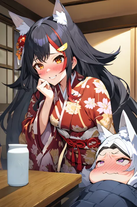 NSFW,masterpiece,Best Quality, high resolution on down, very detailed,Ogami Mio ( hololive ), very long hair,Black Hair,Wolf Ears,Hair accessories、kimono,yukata,Shoulder Bare,hostel,Japanese-style room,table,Embarrassed,A face in love,Wisdom face,blush,smi...