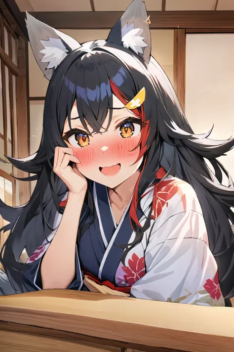 NSFW,masterpiece,Best Quality, high resolution on down, very detailed,Ogami Mio ( hololive ), very long hair,Black Hair,Wolf Ears,Hair accessories、kimono,yukata,Shoulder Bare,hostel,Japanese-style room,table,Embarrassed,A face in love,Wisdom face,blush,smi...