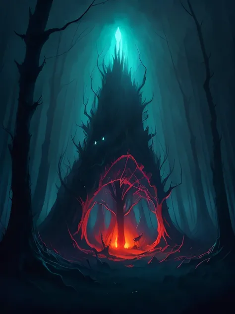 illustration of a dark forest with a giant tree and a glowing house, forest spirit, spirit of the forest dwells, style of jeff soto, giant ethereal creature, evil realm magic painting vibes, in a spooky forest, nightmarish illustration, strange alien fores...