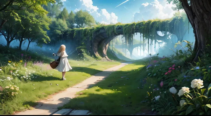 " A girl with a strange sense 、 explores an alien planet overgrown with bright chrome vegetation. Surreal landscapes and plants、It creates a striking contrast to our space-age paradise..