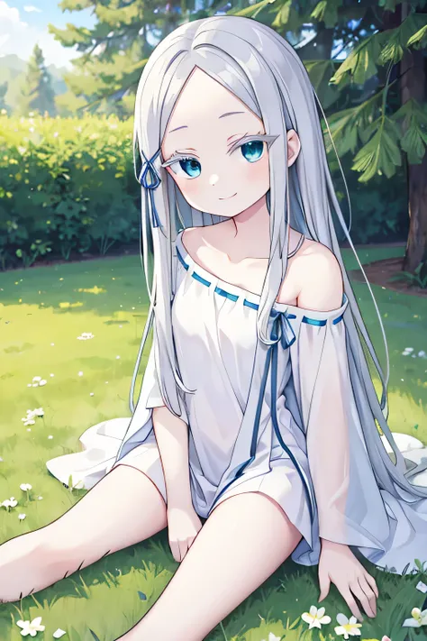 pandora, pddf, green grass area, masterpiece, smile, sit pose, blue eyes