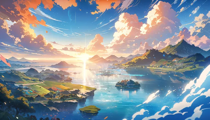 shadow、  main event is Asahi 、Starry sky and morning sun 、  Fantastic World、  wonderful蝶の羽ばたき 、  A palette of soft shades of blue and orange emphasizes the horizon、Anime-style digital painting depicting an adventurous landscape,  wonderful,  vibe, Soft and...