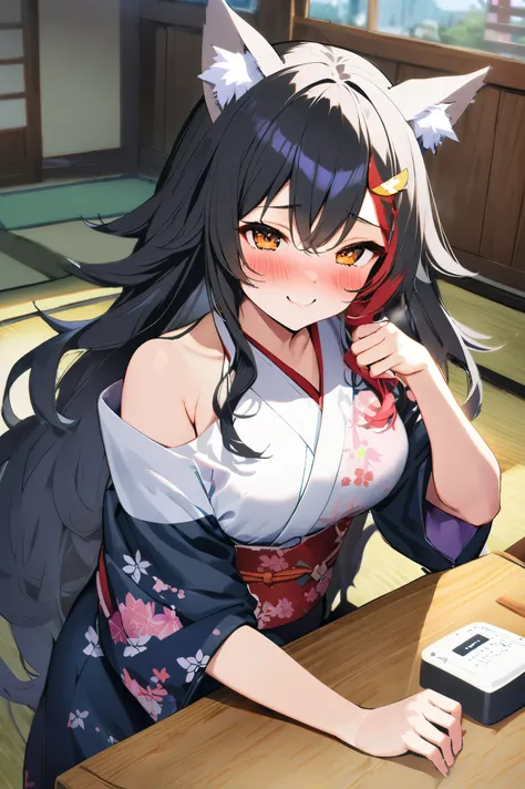 NSFW,masterpiece,Best Quality, high resolution on down, very detailed,Ogami Mio ( hololive ), very long hair,Black Hair,Wolf Ears,Hair accessories、kimono,yukata, off the shoulder,hostel,Japanese-style room,table,Embarrassed,A face in love,Wisdom face,blush...