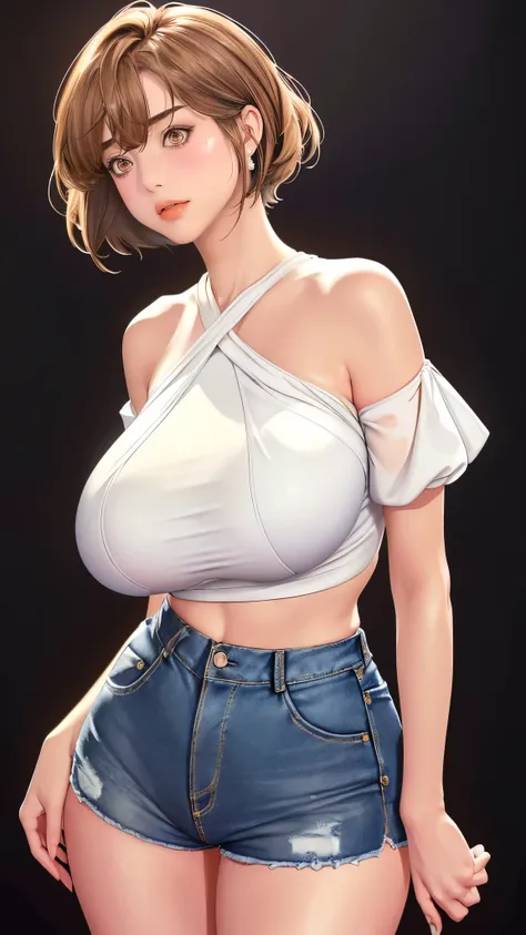 (（（figure，御姐figure,White and tender skin,（（（Yellow short sleeved, blue denim triangle shorts）））,(（（Soridef，brown eyes，brown hair，short hair,））),，((masterpiece)), highres icon,((Best quality at best)),masterpiece,quality,Best quality,(（（  to the audience,Li...