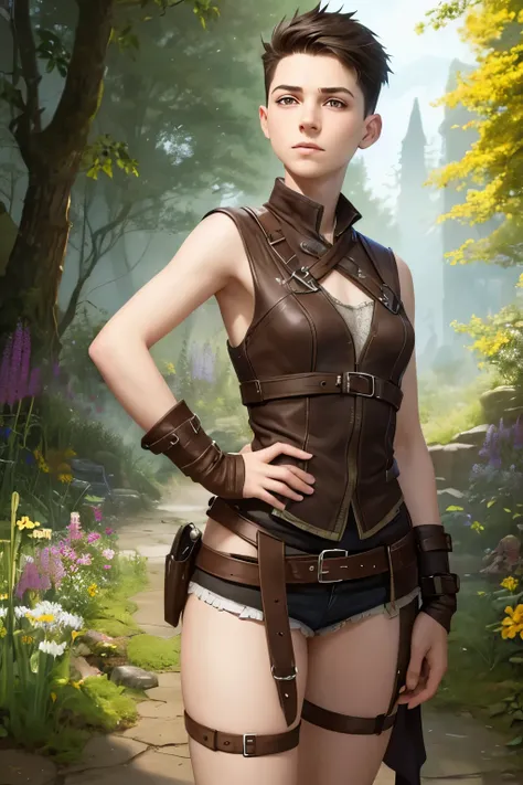 Fantasy Setting: A happy young female adventurer with very short dark-brown undercut. Shaved sides. Tomboyish. Androgynous. Slim. Wide hips. Long thick legs. Extremly pale skin with liverspots. A narrow soft face. Round chin. Curved lips. A long and wide n...