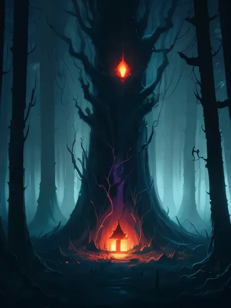 illustration of a dark forest with a giant tree and a glowing house, concept art inspired by charles vess, tumblr, psychedelic art, forest spirit, spirit of the forest dwells, style of jeff soto, giant ethereal creature, evil realm magic painting vibes, in...