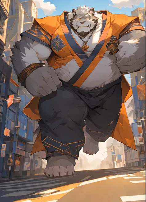 （masterpiece），（ very detailed ），（ best quality ），hairy，wolf，gray fur， white hair，golden pupils ， muscular， strong build ， A Taoist priest ，Coole Pose，(Orange Taoist Robe 1 .2)，21.  century street background，8k，（（ high quality ））(Massiv:1.0, (  heavyweight,...