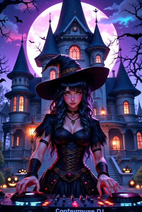 A witches girl play a dj in font of holloween house at night ,  decorations,transparent purple overlay,photorealistic,8k,highly detailed,masterpiece,(best quality,4k,8k,highres,masterpiece:1.2),ultra-detailed,(realistic,photorealistic,photo-realistic:1.37)...