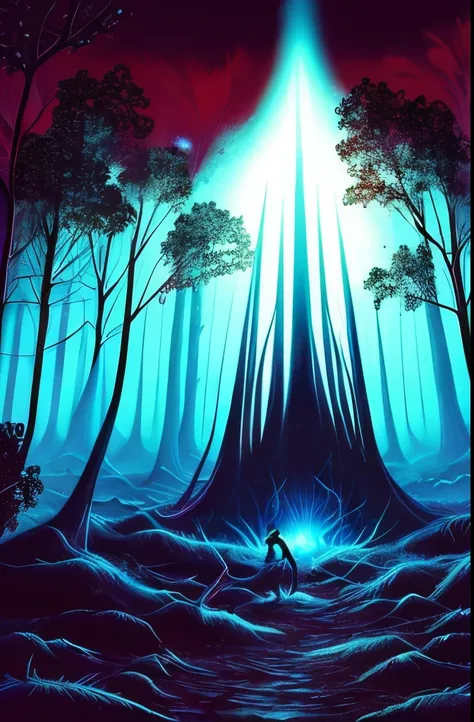 illustration of a dark forest with a giant tree and a glowing house, forest spirit, spirit of the forest dwells, style of jeff soto, giant ethereal creature, evil realm magic painting vibes, in a spooky forest, nightmarish illustration, strange alien fores...