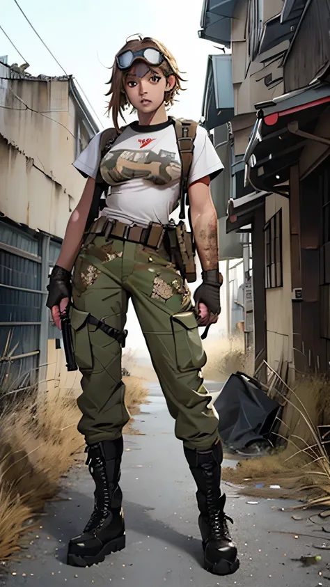 Post-apocalyptic, wilderness, ruins, woman, Camouflage T-shirt, Cargo pants, Military boots, goggles, large breasts, Hold a submachine gun, anime, high details, super detail, textured skin, anatomically correct, masterpiece