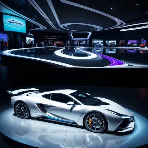 --- **Prompt 1:** " Image of a modern and luxurious auto show ,  with high-performance cars exposed under bright and colorful LED lighting .  The vehicles have a sophisticated design ,  with metallic finishes and elegant lines ,  while the hall has polishe...