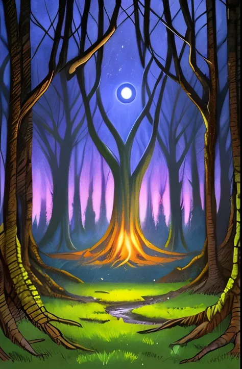 illustration of a dark forest with a giant tree and a glowing house, concept art inspired by charles vess, tumblr, psychedelic art, forest spirit, spirit of the forest dwells, style of jeff soto, giant ethereal creature, evil realm magic painting vibes, in...