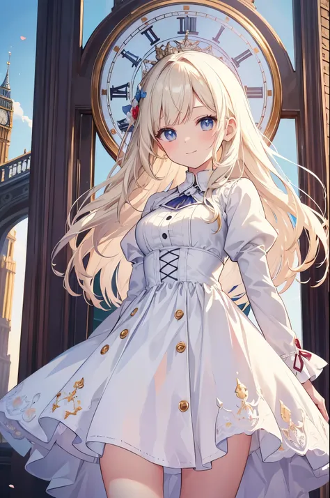  anime girl standing in front of a clock tower wearing a white dress 1 cute girl, English traditional costume  , in front of Big Ben ,  cowboy shot,  focusing on characters , From below ,smile,  Knight  , ((masterpiece)), ((Best Quality)), ((Super detailed...