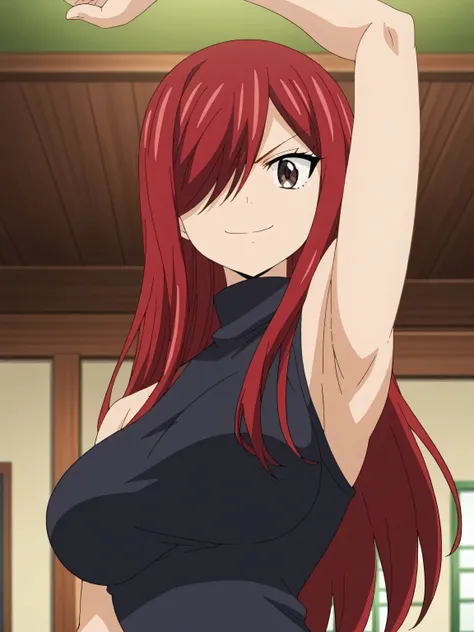 score_9, score_8_up, score_7_up, source_anime, anime screencap, 1girl, solo, erza scarlet, long hair, red hair, hair between eyes, brown eyes, large breasts, sleeveless sweater, black sweater, hair over one eye, arm up, raised arm, armpit, from below , fro...