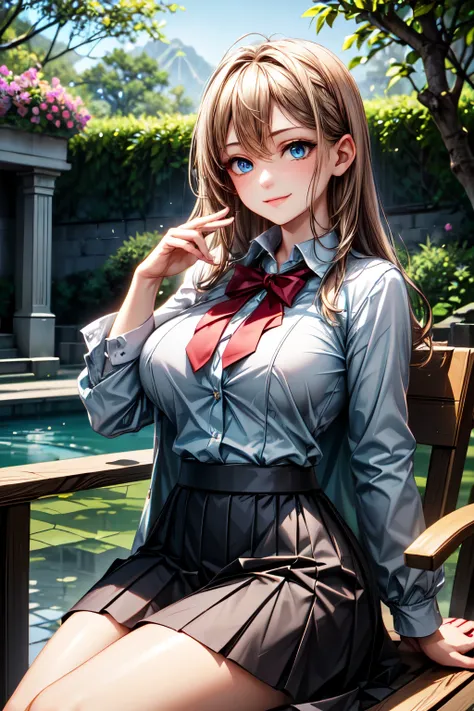 (( a girl)),(( Simple background )),(( breasts)),((  High resolution)),((   Lighting and color)),(( smile)),(( Blue eyes)),((   masterpiece   )), ((quality)), Maria Mikhailovna Kujou, Alisa ,  is in a serene garden bathed in soft sunlight . its length,  li...