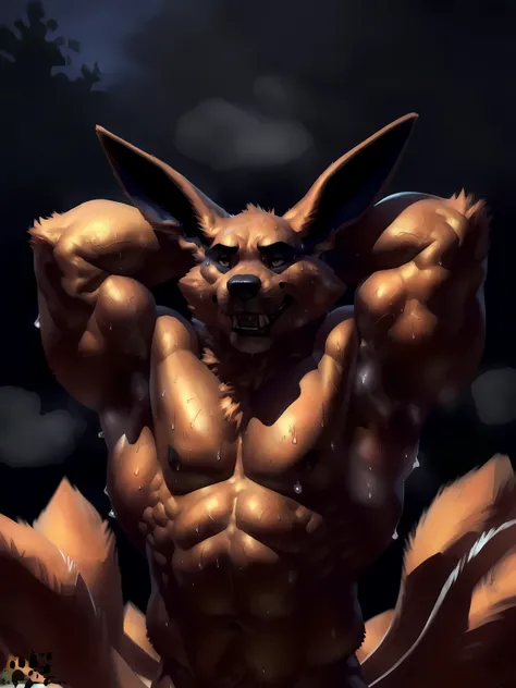 muscular kurama, 4k, high resolution, best quality, posted on e621, anthro body, kurama, (solo:1.1), male, adult, masculine, (very muscular, thick build, heavyweight:1.2), correct anatomy, (night background), (by taran fiddler, by blotch), (detailed eyes:1...