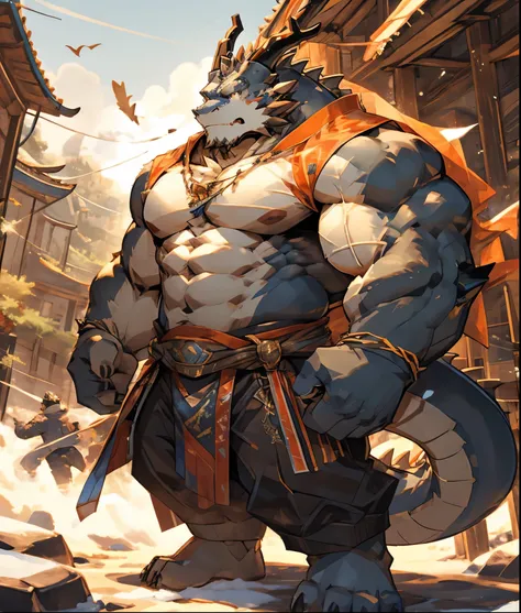 一个白dragon兽人，  durable construction ， muscular，like a born strong man。his skin looks healthy and fair out.，muscles and fat interw...