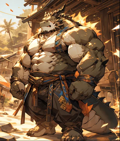 一个白dragon兽人，  durable construction ， muscular，like a born strong man。his skin looks healthy and fair out.，muscles and fat interw...