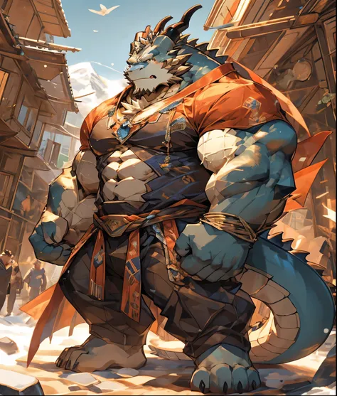 一个白dragon兽人，  durable construction ， muscular，like a born strong man。his skin looks healthy and fair out.，muscles and fat interw...