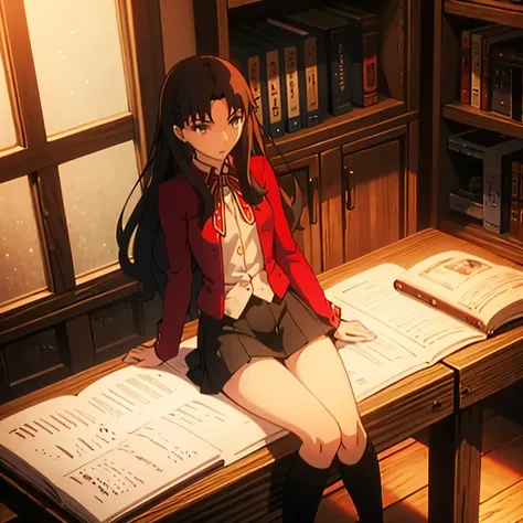 classic tohsaka rin from fate hair, aesthetic, bohemian, realistic, mini-skirt, stockings, skinny fit, sitting goddess pose, staring on foreground, very bright shinny eyes, Dark world night background, Dark fantasy, focus on hips, goddess, solo, towers of ...