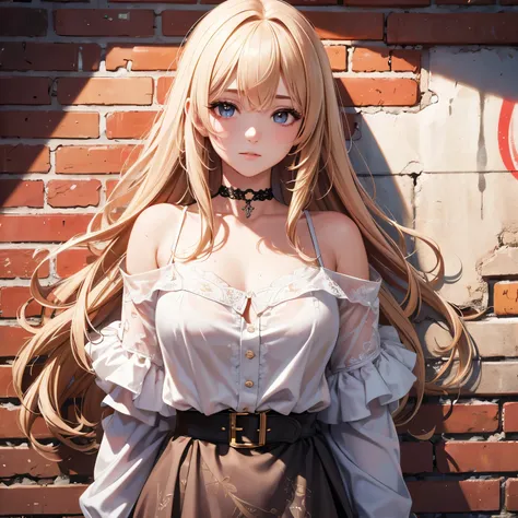 ultra realistic 8k cg, masterpiece, ((ultra detailed background, delicate pattern, intricate detail)), best quality, intricate details, chromatic aberration, 1girl, long hair, golden hair, messy hair, red highlights, hair over one eye, sharp eyes, choker, ...