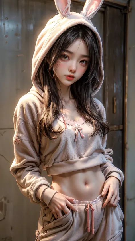 1girl, beautiful Korean girl, (Cute Loose Bob hair), (wearing a cropped bunny hoodie, capri sweatpants:1.5), (hands in pockets:1.5), (red lips:1.3), (small breasts:1.3), (toned stomach:1.3), (eyelashes:1.2), (aegyo sal:1.2), (detailed face), immersive back...