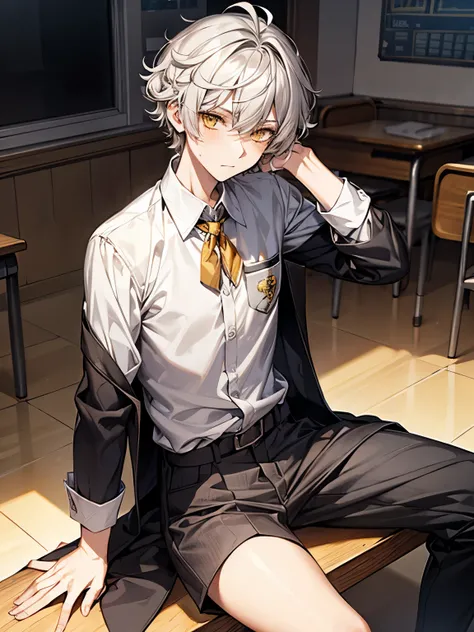 Messy curly silver hair, yellow eyes, mysterious, cool, male short hair, teenager, school uniform, soft boy, sitting