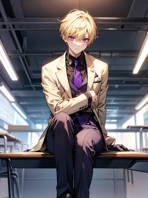 Light yellow hair, purple eyes, mysterious, cool, male, short hair, teenager, school uniform, sitting