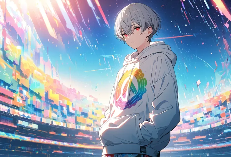 handsome, alone, 1 male, gray hair, red eyes,  long sleeve , white hooded hoodie, noon, white light,cute目, short hairstyle ,cute...