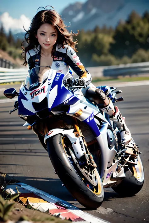 yamaha yzf r1m, the racer girl, best quality, ultra wide angle, small breasts, abs, brown skin, wearing alpine star racing boots...