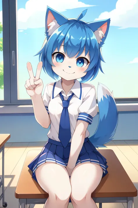 score_9, score_8_up, score_7_up, BREAK source_anime, cute furry blue cat girl, blue hair, white fur, two tone fur, blunt bangs, short hair, light blue eyes, chest tuft, small breasts, wide chest, school uniform, school uniform skirt, smile, wink, v sign, k...